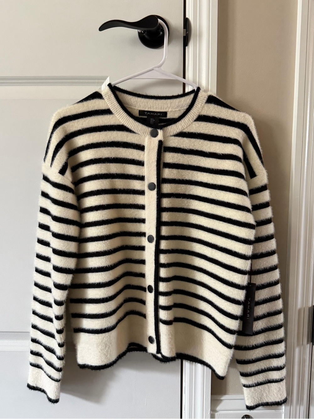 Tahari • Black and Cream Striped Button-Front Fuzzy Cardigan • NWT